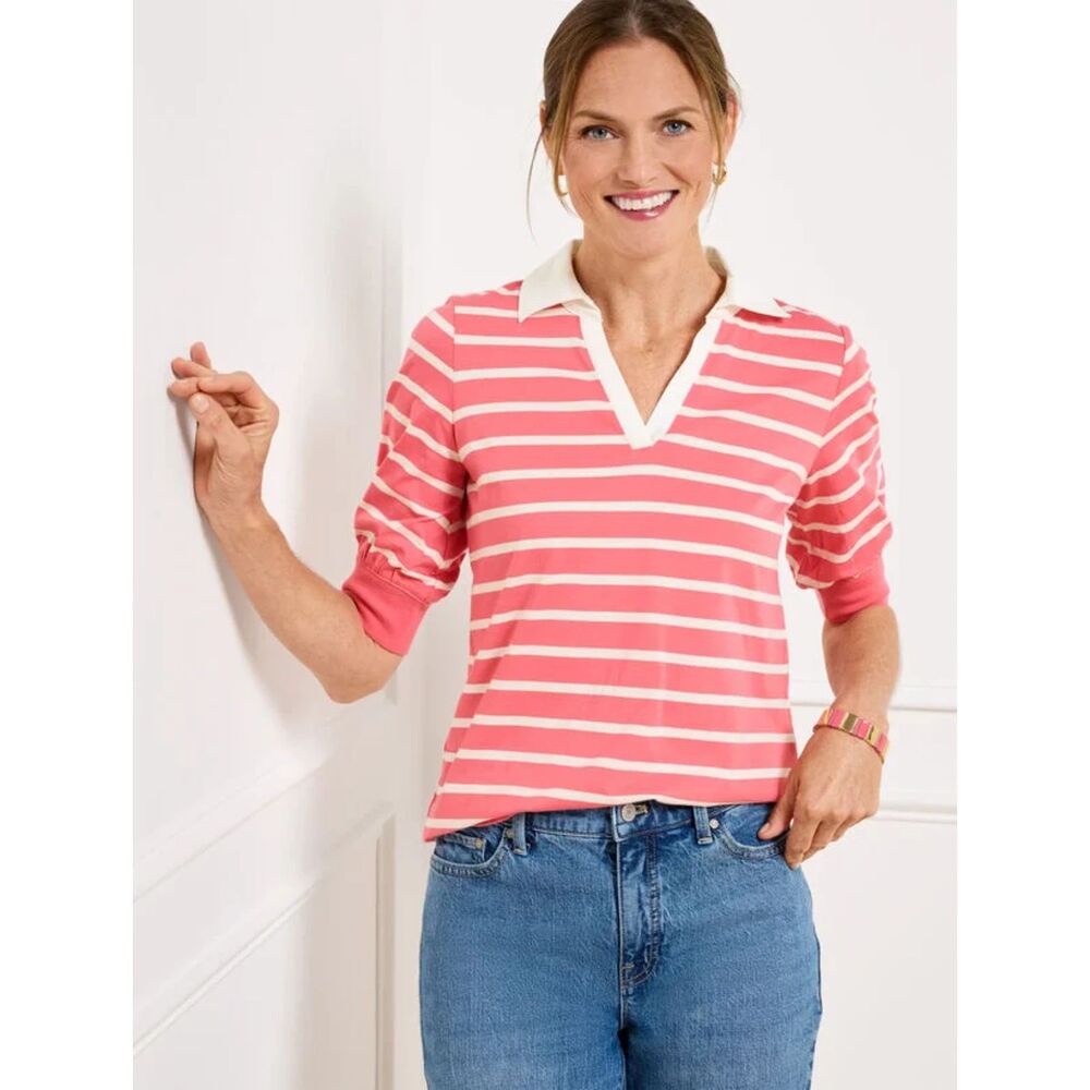 Talbot's Women's Medium PETITE Johnny Collar Pullover Primrose Stripe Short Slv